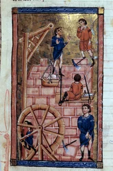 Byggingen av Babel-tårnet miniatyr fra et manuskript "Universal History""" rundt 1200-tallet. Dijon kommunale bibliotek