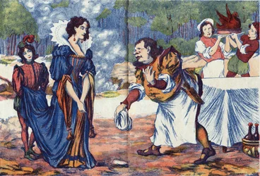 Kokken svarer prinsessen at han forbereder Riquets bryllupsfest. Anonym illustrasjon for "" Riquet a la houppe"", fortelling av Charles Perrault (1628-1703), fransk forfatter. Bilder Marcel Vagne, Jarville Nancy, udatert (slutten av 1800-tallet).