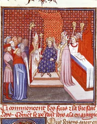 Kroningen av Ludvig den hellige (1214-1270) i 1226. Miniatyr fra «Frankrikes store krøniker» av Jean Froissart (1337-1400), 14. århundre. Chantilly, Musée Condé