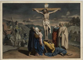 Kristi korsfestelse. Inskripsjon "" INRI"" på korset. Anonym gravering fra midten av 1800-tallet.