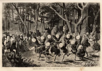 Dansen av risrunden, som finner sted i årets 10. måned, er relatert til kornavlinger. Gravering for å illustrere reisen til Japan, av Aime Humbert, minister for det sveitsiske konføderasjonen, i 1863-1864, publisert i "" le tour du monde"", und