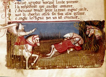 Dødsfallet til ridderen Roland, nevøen til Charlemagne, under slaget ved Roncevaux, 778 Miniatyr hentet fra "" Entree of Spain"". Venezia fra 1300-tallet, Biblioteca Marciana.