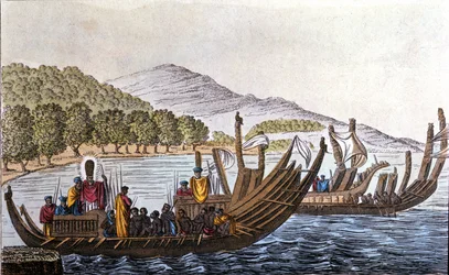 Avdelingen for polynesere for Stillehavet ombord på kanoer med dobbeltskrog. Litografi fra begynnelsen av 1800-tallet