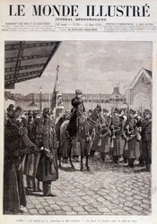 Avgangen til kompaniet til det 200. regiment. Hilsen til flagget i Gare de Lyon. ""Den illustrerte verden"". 23.03.1895. Tegning.
