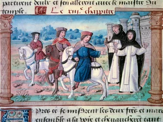 Avgangene til brødrene Nicolo og Matteo Polo, far og onkel til unge Marco Polo (1254-1324) med den unge mannen rundt 1271. Miniatyr hentet fra "" The Book of Wonders""" ("" Devisement du monde", "" Il Milio