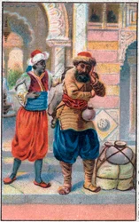 Dørfaixen. De fantastiske eventyrene til sjømannen Sinbad (Sindbad). Populær fortelling om 1001 netter (ett tusen og en natt). Kromolitografi fra slutten av 1800-tallet.