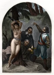 Dragonnadene i Cevennene under Ludvig XIV (1643-1715), forfølgelse av protestanter. Gravering fra 1842 i «Histoire des popes»» av Maurice Lachatre. Privat samling.