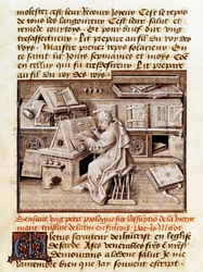 Den kirkelige, kopisten og oversetteren Jean Mielot (død 1472) representerer arbeidet på hans kontor, Side av et manuskript fra 1400-tallet. Paris, BN