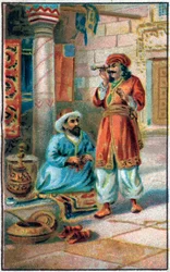 Det fortryllende røret. Historien om prins Ahmed og avgiften Paris-Banou (Pari Banou) (Paribanu). Fortelling om 1001 netter (fortellinger om tusen og én natt). Kromolitografi fra slutten av 1800-tallet.