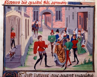 Forlovelsen til Clarisse, datter av kong Yvon de Gascony og Renaud Miniature fra manuskriptet "Renaud de Montauban" eller "Les quatre fils Aymon" av Loyset Liedet (aktiv mellom 1448 og 1478). Ms. 5073. Bibliotheque de l'Arsenal fra 