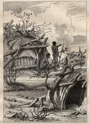 Ekspedisjonen rundt om i verden (1790-1792) av kaptein Etienne Marchand (1755-1793): urbefolkningshytter i landet Enddacht (Australia) - illustrasjon hentet fra "The Great Mariners of the 18th century""