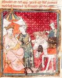 Farvel til ridder Roland, til hans onkel Charlemagne (742-814) Miniatyr fra "" Grandes Chronicles de France"" 1375-1379 kommunale bibliotek, Castres