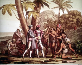 De første indianerne som viste seg for Kristoffer Columbus ved hans ankomst til Amerika, - i «Den gamle og moderne drakten» av Jules Ferrario
