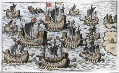 Flåten til Christopher Columbus (Cristoforo Colombo) for å erobre den nye verden - i "New Tipus After the Voyage of the New World" av Philoponus Honorius