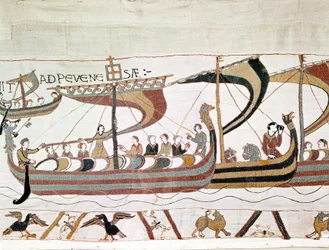 Flåten til Vilhelm I Erobreren (1027 - 1087) på vei til England - Bayeux-teppet, kjent som Broderi av Dronning Mathilde
