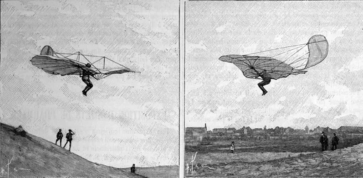 The flying aircraft of Otto Lilienthal (1848-1896), German aeronautics pioneer, in two different positions (from an instant photograph). Engraving in “” La Nature: revue des sciences et de leurs applications aux arts et a l