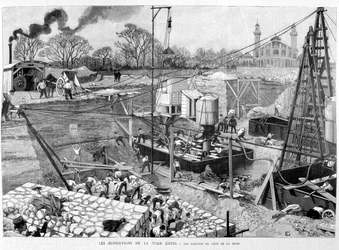 Grunnlaget for Eiffeltårnet: caissonene på Seine-siden - i "" Illustrasjon"" 14/05/1887. ¿