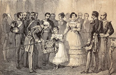 Den fremtidige dronningen av Spania Isabella II (Isabella av Bourbon) (1830-1904) (Isabel II av Espana) dekorerer flagget til spydene til gardegarden av Saint Ferdinands orden (San Fernando). Litografi.