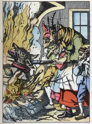 Bukken dreper ulven i skorsteinen. Illustrasjon av fortellingen "Compere le Loup, Maitre Renard, Comere la Chevre et ses petits biquets"" etter en fabel av Jean de la Fontaine. I "" Fortellinger fra hjemmet for de minste"". Anonym gravering av 19t