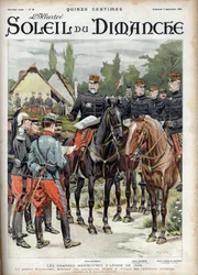 The great maneuvers of the 1899 army. General Giovaninelli, director of manoeuvres, criticizing military operations. Engraving in “” Le sun-du-dimanche””, on 3 September 1899.