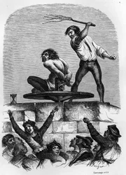 Den pukkelryggede Quasimodo i gapestokken. Illustrasjon til Victor Hugos roman «Notre-Dame de Paris» fra 1844.