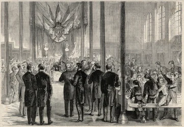 Den keiserlige prinsen Eugene Louis Joseph (1856-1879) deltok på banketten til Saint Charlemagne (Saint Charlemagne) i Paris, på Lycee Bonaparte (den gang Lycee Condorcet). Gravering i "The Universe illustrious"