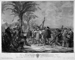 Landingen av Christopher Columbus i San Salvador (Bahamas) 12/10/1492. Gravering fra 1800-tallet.