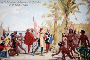 Landingen av Christopher Columbus i San Salvador (Bahamas) 12/10/1492. kromolitografi fra 1800-tallet.