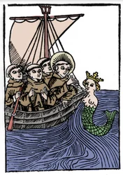 Legenden om Saint Brendan (Brandan), helter og irsk helgen fra det 6. århundre. St. Brendans møte med Sirene. Gravering av “” Die Wunderbare Meerfahrt des Hl. Brandan." Bale