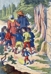 The little poucet sows rocks in his way. Illustration for “” Le Pepetit poucet””, tale by Charles Perrault (1628-1703), French writer. Anonymous illustration. Imagery Marcel Vagne, Jarville Nancy, undated (late 19th century).
