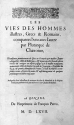 Livene til berømte menn. Side av Plutarch di Cheronees bok, også kalt "Paralleles Lives"". Sveitsisk utgave 1567.