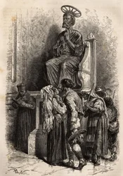 Den nedre foten av bronsestatuen av St. Peter, en gjenstand for ærbødighet for de katolske pelerinene som kommer inn i Vatikanets St. Petersbasilika. Gravering for å illustrere historien om Ludovic Celler: la semaine sainte à Rome, en 1863, i "Le tour du m