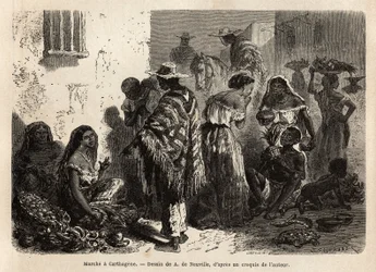 Markedet i Cartagena (Colombia), i byens forsteder, hovedsakelig besøkt av svarte mennesker, mestiser og indianere. Gravering til illustrasjon av dr. Saffrays reise til Ny-Granada i 1869, utgitt i «Le Tour du monde» 1872, redigert ved Édouard Charton