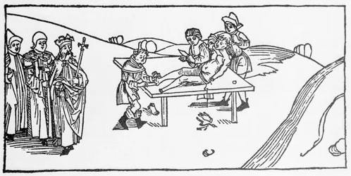 Martyrdøden til Saint James the Major påført av Herodes av Agrippa, kongen av Judee. Gravering fra «Leben der Heiligen - sommerteil» (Helgenboken) av Jacobus (James) fra Voragine (1228-1298). Lübeck 1488.