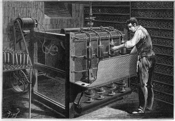 Den mekaniske installasjonen av M. Marguery, restauratør, i Paris: automatisk flaskevaskemaskin, representert som drevet av en liten dynamoelektrisk maskin fra Gram (Zenobe Theophile Gram 1826-1901). Gravering i «La Nature: revue des sciences et de leu