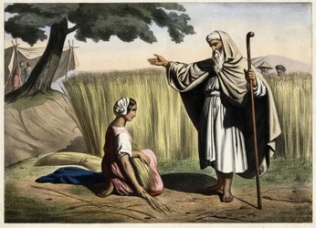 Møtet med Ruth og Boas (Booz), besteforeldre til kongen av Israel David (1000-972 f.Kr.). Anonym gravering fra midten av 1800-tallet.