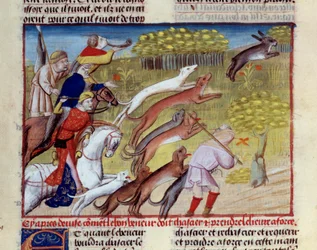 Miniatyrharejakten fra "" The book of hunting"" av Gaston III Phoebus, greve av Foix, Lord of Bearn (1331-1391)