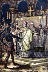 Drapet på den hellige Thomas Becket i Canterbury-katedralen 29. desember 1170, utført av riddere fra kong Henrik IIs hoff - tresnitt