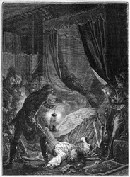 Drapet på tsar Paul I av Russland, mars 1801 - Illustrasjon 1882-1884 - Attentatet på Paul I Petrovitsj (1754-1801), russisk tsar, på hans rom i Mikhailovskij-palasset etter at han ble tvunget til å undertegne sin abdikasjon - Illustrasjon 1882-1884