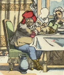 Ogre ved bordet, føler nærværet til lille Poucet og hans brødre. Illustrasjon av historien "" Le Pepetit Poucet"" av Charles Perrault