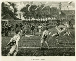 Palmespillet har Franeker (Nederland). Gravering for å illustrere historien La Frise, basert på et forhold til en nederlandsk avis, i le tour du monde 1886, regissert av Edouard Charton (1807-1890), Hachette, Paris.