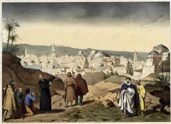 The pelerins arrive at the city of Jerusalem. Anonymous engraving from the middle of the 19th century - in “” Grand Catechism of Families””.