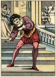 Prinsen henter glassskoen av Askepott. Illustrasjon av Charles Perraults fortelling "Askepott eller La petite slipper de verre"