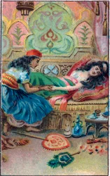 Prinsessefakta. Fortellingen "" Historien om den fortryllede hesten"" i "De tusen og en natt" (de 1001 nettene eller Le mille e una notte, Arabian Nights). Kromolitografi fra slutten av 1800-tallet.