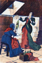 Prinsessen stikker hull i hånden og sovner. Anonym illustrasjon for "La belle au bois dormant", fortelling av Charles Perrault (1628-1703), fransk forfatter. Bilder Marcel Vagne, Jarville Nancy, udatert (slutten av 1800-tallet).