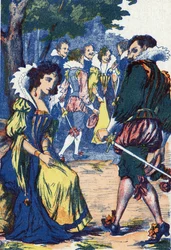 Prinsessens dårskap satte hoffmennene unna. Anonym illustrasjon for «Riquet à la houppe»», fortelling av Charles Perrault (1628-1703), fransk forfatter. Bilder Marcel Vagne, Jarville Nancy, udatert (slutten av 1800-tallet).