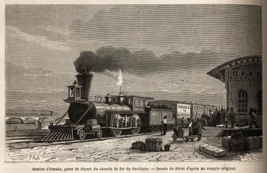 Jernbanen har Omaha Station (Nebraska), startpunktet for linjene som fører til Stillehavet. Gravering for illustrasjon av turen til det amerikanske fjerne vesten, av M. L. Simonin, i 1867, publisert i "Le tour du monde, nouveau journal des voyages"", redig
