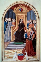 Regenten av Frankrike Louise de Savoie (1476-1531) mottok boken til to echeviner fra byen Amiens. I forgrunnen våpnene til Amiens. Kongelige malerier og sanger av Puy Jam Notre Dame d
