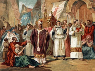 The relics of Sainte Genevieve (422-502), patron saint of Paris, are transported across the streets of Paris. Chromolithography around 1890.