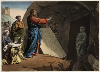 The resurrection of Lazarus. Anonymous engraving from the middle of the 19th century.